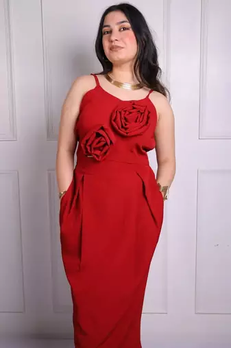Red floral applique crepe strapless maxi dress for women