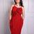 Red floral applique crepe strapless maxi dress for women
