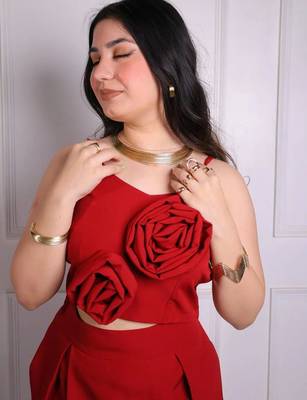 Red floral applique crepe strapless maxi dress for women 3