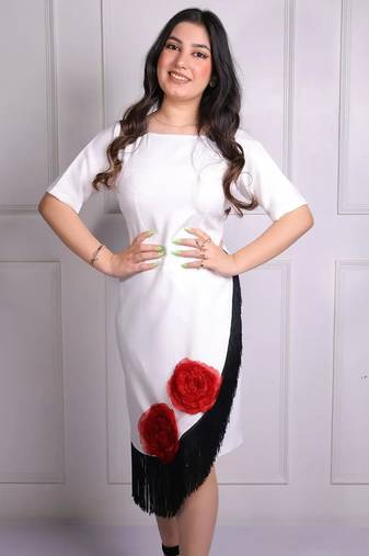 White modal applique work sheath midi dress for women