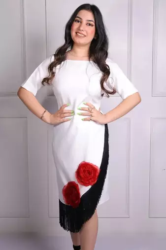 White modal applique work sheath midi dress for women