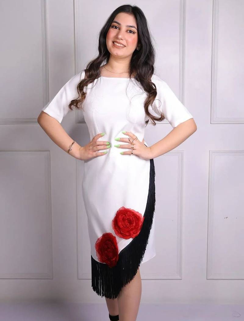 White modal applique work sheath midi dress for women