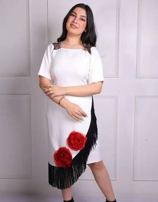 White modal applique work sheath midi dress for women 2
