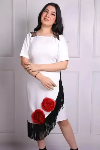 White modal applique work sheath midi dress for women