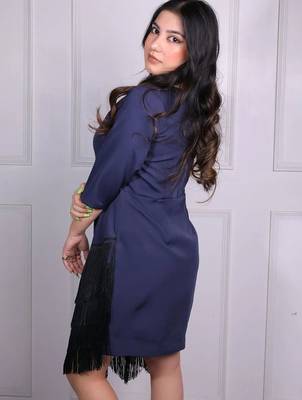 Navy blue crape fringe work sheath dress for women 3