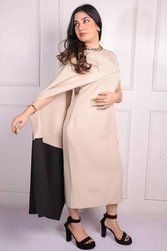Beige & black colorblocked crepe dupatta style midi dress