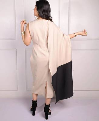 Beige & black colorblocked crepe dupatta style midi dress 3