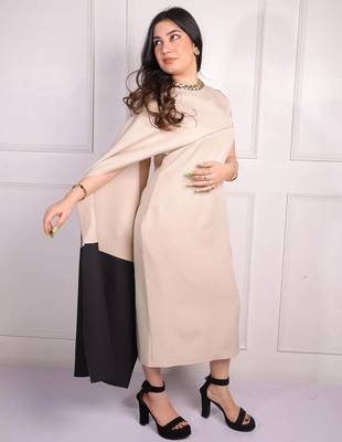 Beige & black colorblocked crepe dupatta style midi dress 4
