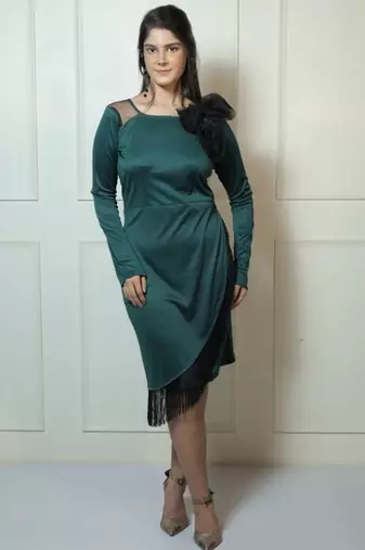 Green fringe work satin wrap dress for women