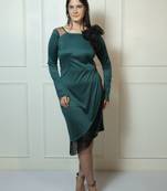 Green fringe work satin wrap dress for women