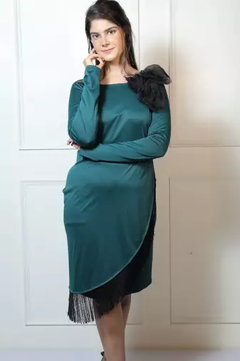 Green fringe work satin wrap dress for women
