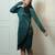 Green fringe work satin wrap dress for women