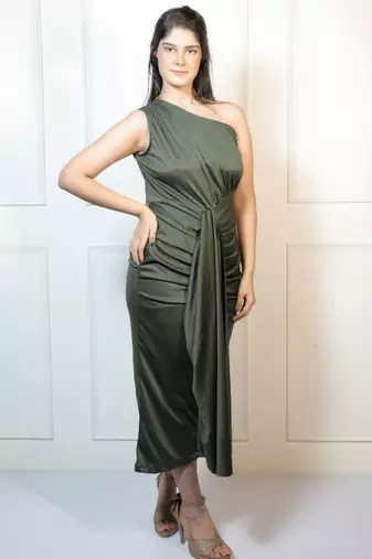 Green ruched satin one-shoulder maxi dress for women