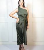 Green ruched satin one-shoulder maxi dress for women