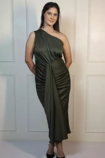 Green ruched satin one-shoulder maxi dress for women