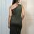 Green ruched satin one-shoulder maxi dress for women