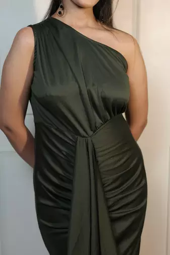 Green ruched satin one-shoulder maxi dress for women