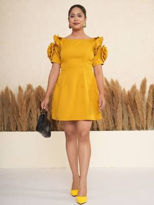 Mustard yellow 3d rosette work modal fit & flare mini dress 1