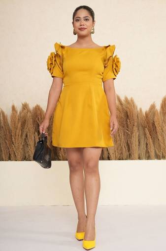 Mustard yellow 3d rosette work modal fit & flare mini dress