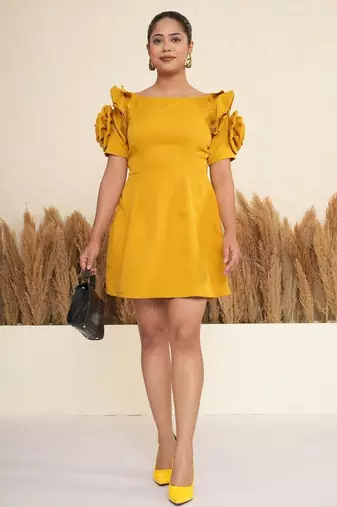 Mustard yellow 3d rosette work modal fit & flare mini dress