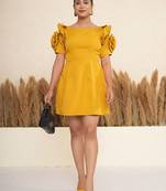Mustard yellow 3d rosette work modal fit & flare mini dress