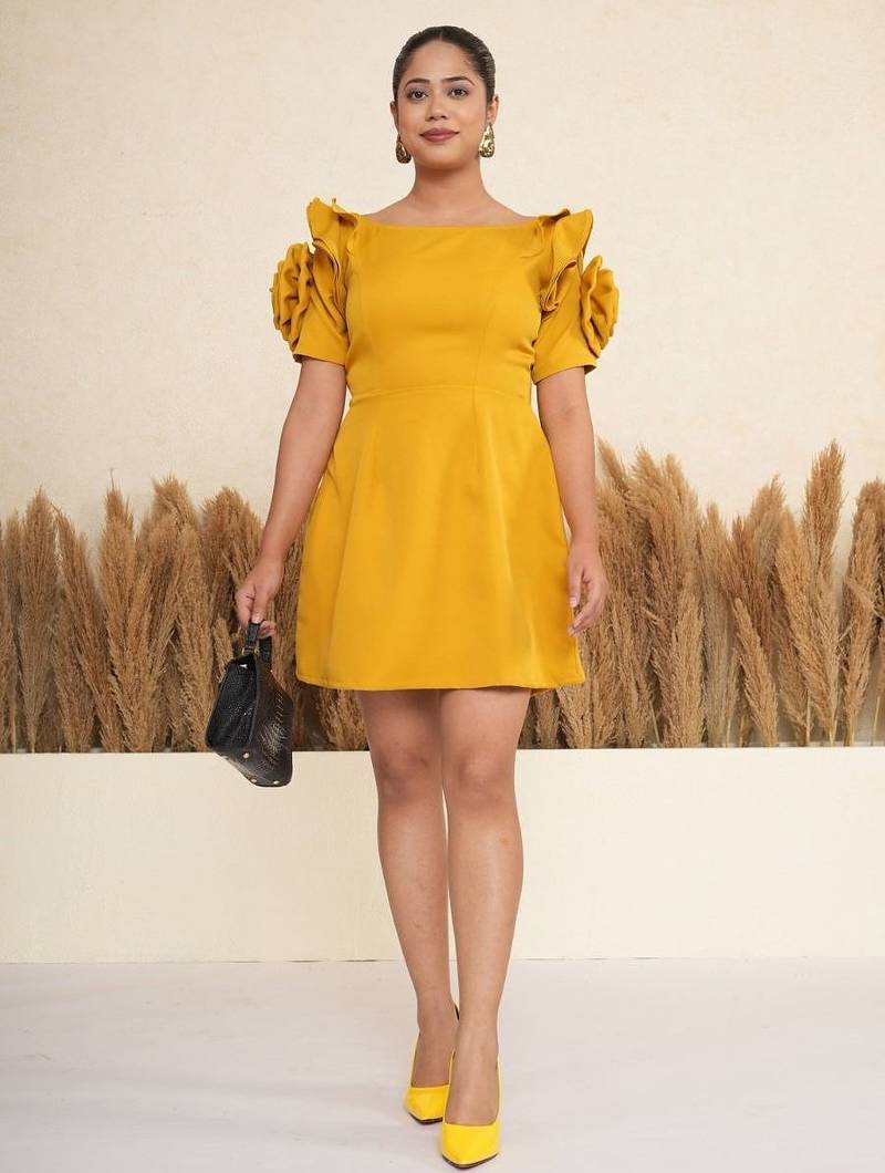 Mustard yellow 3d rosette work modal fit & flare mini dress