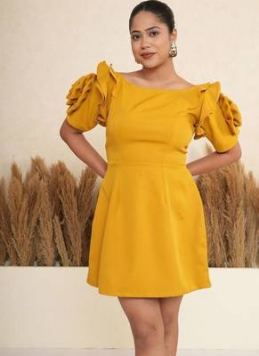 Mustard yellow 3d rosette work modal fit & flare mini dress 2