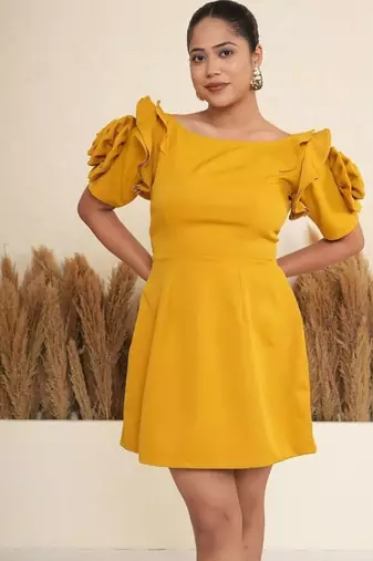 Mustard yellow 3d rosette work modal fit & flare mini dress