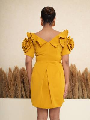 Mustard yellow 3d rosette work modal fit & flare mini dress 3