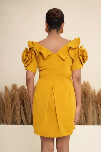 Mustard yellow 3d rosette work modal fit & flare mini dress