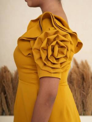 Mustard yellow 3d rosette work modal fit & flare mini dress 4