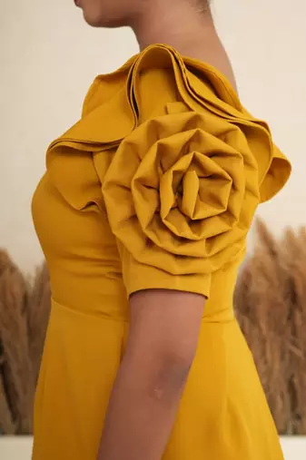 Mustard yellow 3d rosette work modal fit & flare mini dress