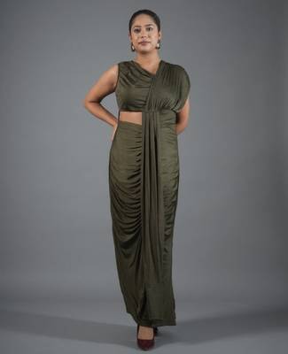 Olive green ruched satin one-shoulder maxi dress for women 1