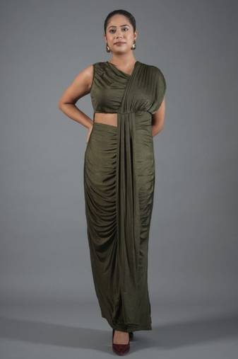 Olive green ruched satin one-shoulder maxi dress for women