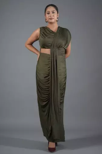 Olive green ruched satin one-shoulder maxi dress for women
