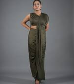 Olive green ruched satin one-shoulder maxi dress for women