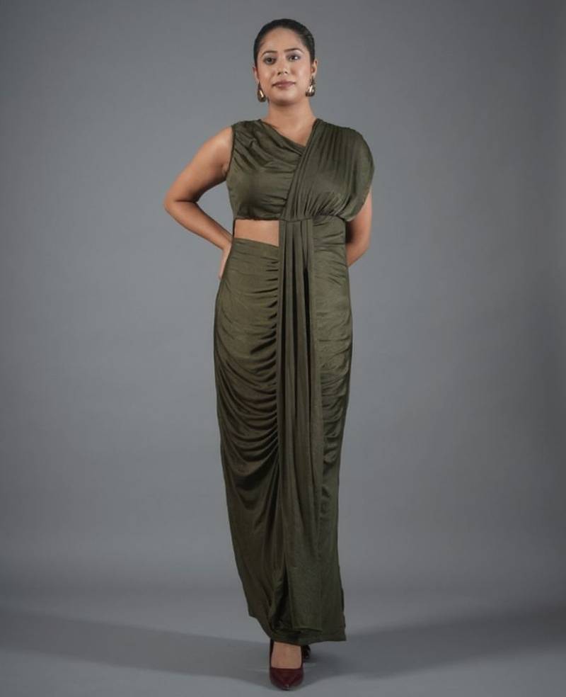 Olive green ruched satin one-shoulder maxi dress for women