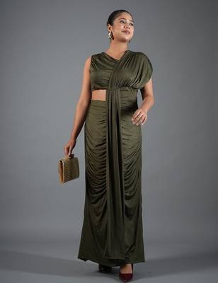 Olive green ruched satin one-shoulder maxi dress for women 2