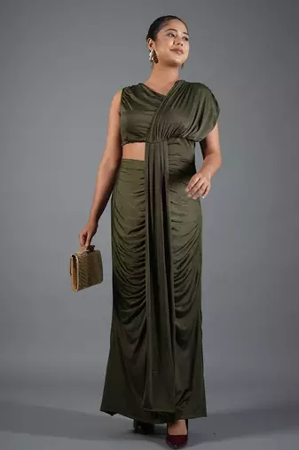 Olive green ruched satin one-shoulder maxi dress for women