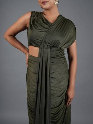 Olive green ruched satin one-shoulder maxi dress for women 3