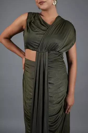 Olive green ruched satin one-shoulder maxi dress for women