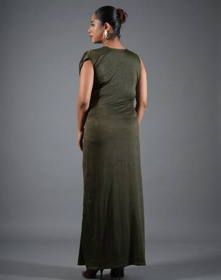 Olive green ruched satin one-shoulder maxi dress for women 4
