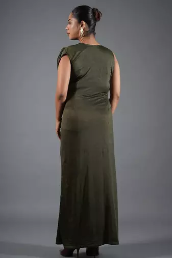 Olive green ruched satin one-shoulder maxi dress for women