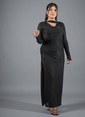 Black ruched polyester cowl neck long dress for women 1