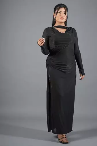 Black ruched polyester cowl neck long dress for women