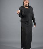 Black ruched polyester cowl neck long dress for women