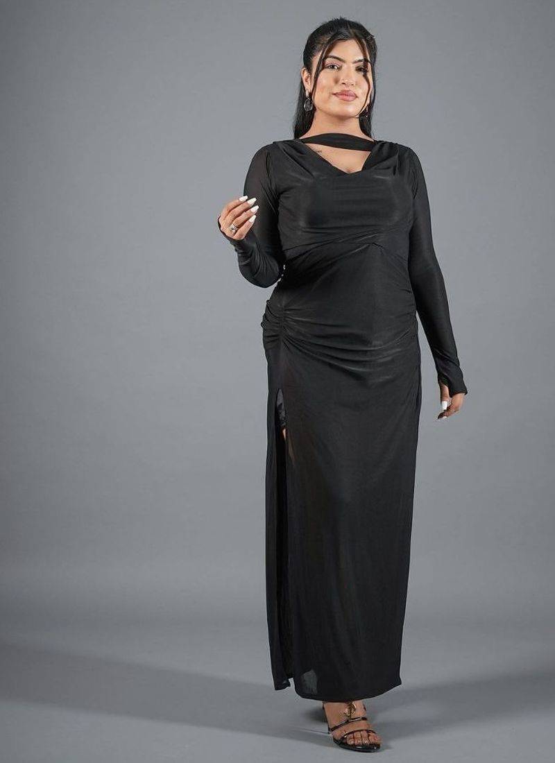 Black ruched polyester cowl neck long dress for women