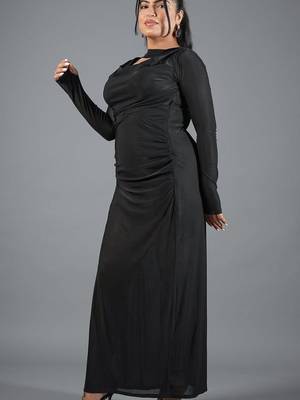 Black ruched polyester cowl neck long dress for women 2