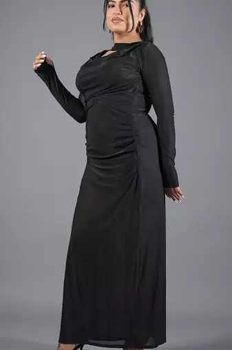 Black ruched polyester cowl neck long dress for women