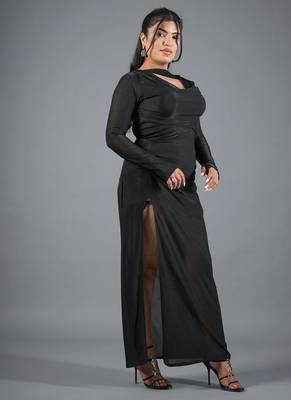 Black ruched polyester cowl neck long dress for women 3